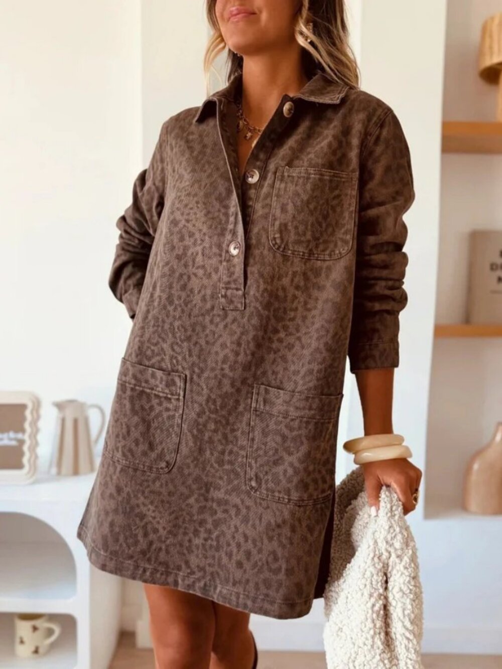 Lapel Collar Long Sleeve Denim Shirt Dress NEW